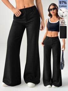 SHEIN PETITE 新款秋冬低腰休閒個性化西裝長褲，適合嬌小女性 - 黑色 - 查看 9