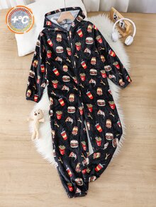 SHEIN Kids Tween Boy French Fries & Burger Food Pattern Hooded One-Piece Pajamas, Thick Fleece Skin-Friendly Sleepwear, Suitable For Autumn/Winter - Black - View 2