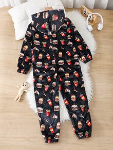 SHEIN Kids Tween Boy French Fries & Burger Food Pattern Hooded One-Piece Pajamas, Thick Fleece Skin-Friendly Sleepwear, Suitable For Autumn/Winter - Black - View 3