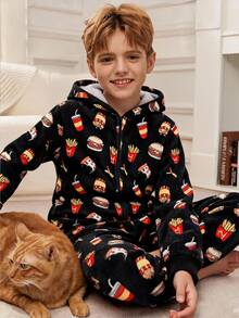 SHEIN Kids Tween Boy French Fries & Burger Food Pattern Hooded One-Piece Pajamas, Thick Fleece Skin-Friendly Sleepwear, Suitable For Autumn/Winter - Black - View 5