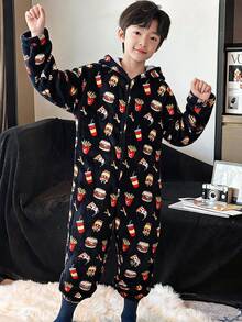 SHEIN Kids Tween Boy French Fries & Burger Food Pattern Hooded One-Piece Pajamas, Thick Fleece Skin-Friendly Sleepwear, Suitable For Autumn/Winter - Black - View 4