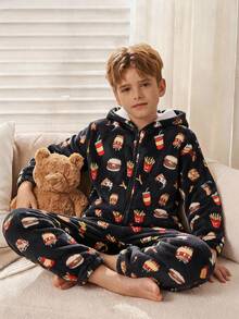 SHEIN Kids Tween Boy French Fries & Burger Food Pattern Hooded One-Piece Pajamas, Thick Fleece Skin-Friendly Sleepwear, Suitable For Autumn/Winter - Black - View 1