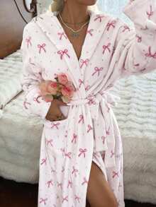 CottageSlumber Women's Autumn/Winter INS Style Cute Bow Print Plush Long Sleeve Loungewear Robe - Multicolor - View 3
