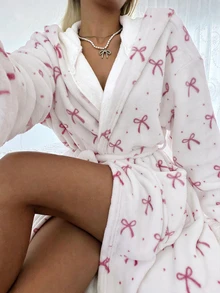 CottageSlumber Women's Autumn/Winter INS Style Cute Bow Print Plush Long Sleeve Loungewear Robe - Multicolor - View 6