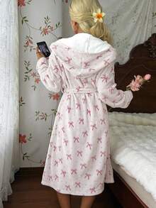 CottageSlumber Women's Autumn/Winter INS Style Cute Bow Print Plush Long Sleeve Loungewear Robe - Multicolor - View 2
