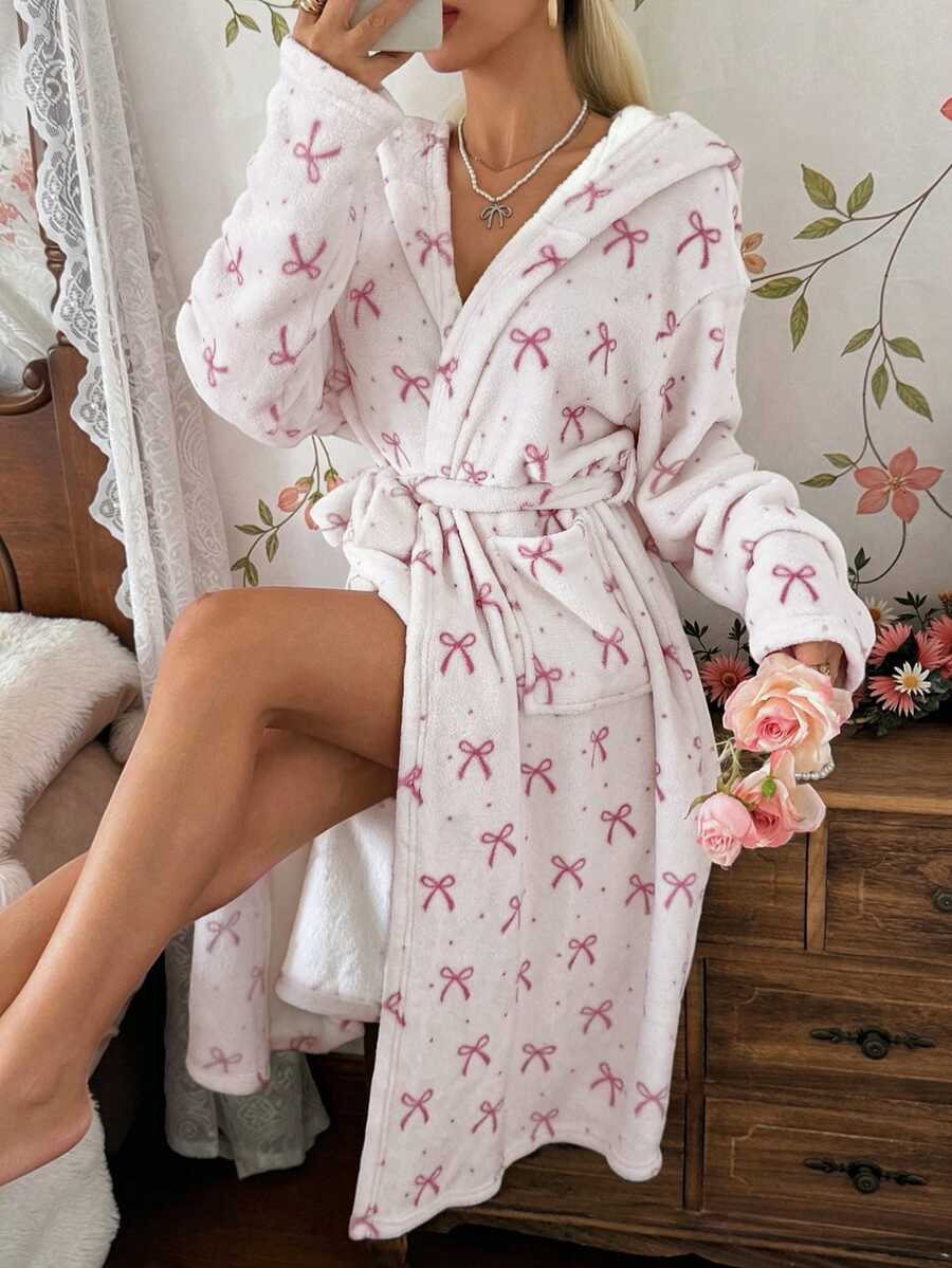 CottageSlumber Women's Autumn/Winter INS Style Cute Bow Print Plush Long Sleeve Loungewear Robe - Multicolor - View 1