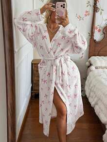 CottageSlumber Women's Autumn/Winter INS Style Cute Bow Print Plush Long Sleeve Loungewear Robe - Multicolor - View 7