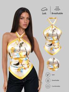 Sweetra Spring/Summer Fashion New French Retro Satin Printed Spaghetti Strap Sleeveless Metal Buckle Decor Asymmetric Hem Backless Tie-Up Women Yellow Blouse - Multicolor - View 3