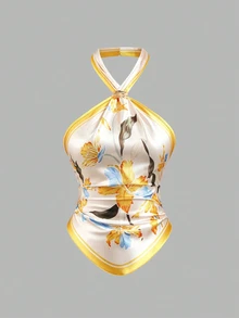 Sweetra Spring/Summer Fashion New French Retro Satin Printed Spaghetti Strap Sleeveless Metal Buckle Decor Asymmetric Hem Backless Tie-Up Women Yellow Blouse - Multicolor - View 1