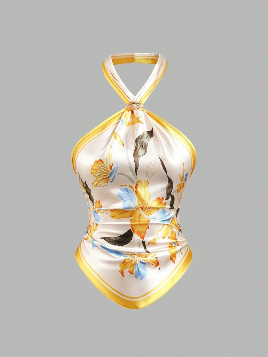 Sweetra Spring/Summer Fashion New French Retro Satin Printed Spaghetti Strap Sleeveless Metal Buckle Decor Asymmetric Hem Backless Tie-Up Women Yellow Blouse - Multicolor - View 1