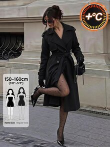 SHEIN PETITE 1pc Women's Solid Color Long Sleeve Button-Up Collar Casual Jacket, Autumn/Winter Daily Wear - Black - View 5