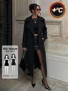 SHEIN PETITE 1pc Women's Solid Color Long Sleeve Button-Up Collar Casual Jacket, Autumn/Winter Daily Wear - Black - View 4