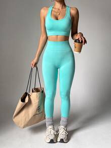 SHEIN Cheerettes Setelan Tank Top dan Celana Olahraga Wanita Warna Polos, Minimalis dan Modis, Cocok untuk Olahraga Musim Panas - Hijau - View 2