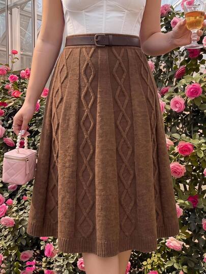 SHEIN MOD Fashion Plus Size Women's High Waist Cable Knit Coffee Color Fall/ Versatile Skirt, Brown, Loose A-Line Hem, Cable-Knit Texture, Thanksgiving Formal