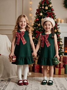 SHEIN Elladie kids Young Girls Dark Green Sleeveless Ruffle Hem Dress With Large Red Plaid Bow Decor - Green - View 4