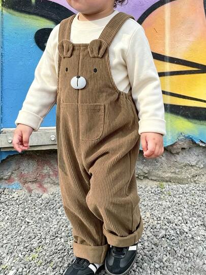 New Boys' Corduroy Fabric Embroidered Pattern 3D Decor Overalls, Suitable For School, Outings, Play, Vacation, Soft And Comfortable Fabric, Suitable For Autumn/Winter Wear, Suitable For 4-7 Years Old Boys' Daily Wear
