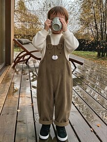 New Boys' Corduroy Fabric Embroidered Pattern 3D Decor Overalls, Suitable For School, Outings, Play, Vacation, Soft And Comfortable Fabric, Suitable For Autumn/Winter Wear, Suitable For 4-7 Years Old Boys' Daily Wear - Brown - View 4