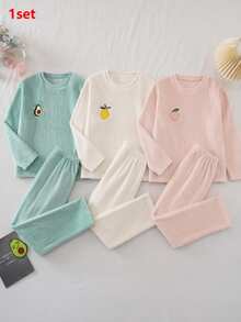 SHEIN Set Piyama Rumah Corduroy Bordir Alpukat, Warna Hijau Muda, Longgar, Leher Bulat, Lengan Panjang, Celana Panjang, 2 Potong untuk Remaja Perempuan, Musim Gugur/Dingin - Hijau - View 7