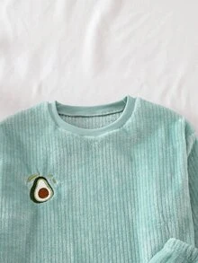SHEIN Set Piyama Rumah Corduroy Bordir Alpukat, Warna Hijau Muda, Longgar, Leher Bulat, Lengan Panjang, Celana Panjang, 2 Potong untuk Remaja Perempuan, Musim Gugur/Dingin - Hijau - View 5