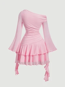 Skyraze Women's Solid Color Asymmetrical Shoulder Flared Sleeve Ruffle Hem Pleated Dress Graduation Tea Party Light Pink Autumn Cute Romantic - Pink - View 4