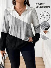 SHEIN LUNE 大尺碼女款拼色翻領長袖休閒羅紋T恤 秋季 - 彩色 - 查看 1