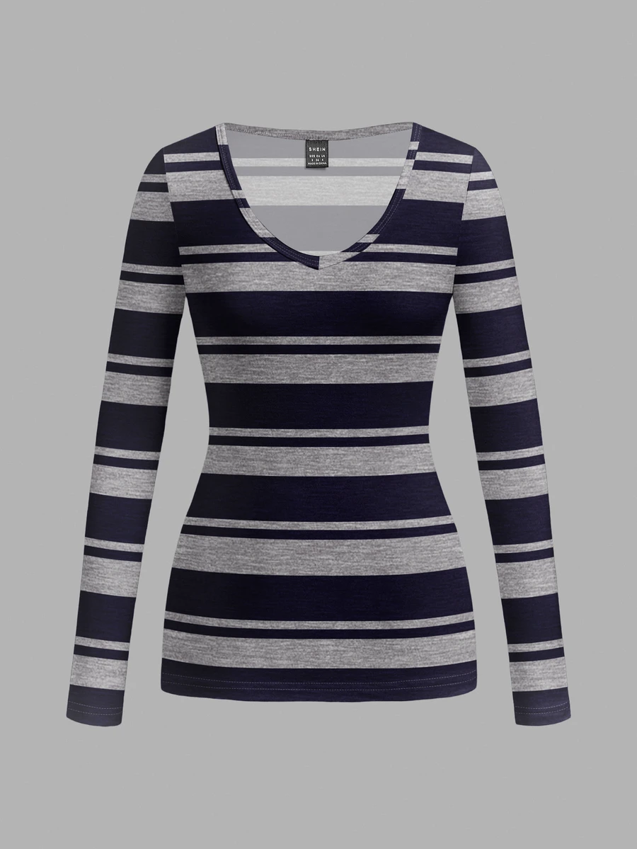 Attitoon Contrast Striped Print V Neck Tee Brunch Fall French Casual - Multicolor - View 1