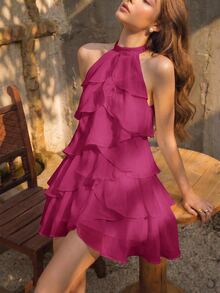 Skyraze White Multi-Layer Ruffle Halter Neck Stand Collar Mini Dress - Red Violet - View 3