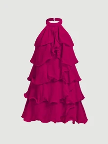 Skyraze White Multi-Layer Ruffle Halter Neck Stand Collar Mini Dress - Red Violet - View 2