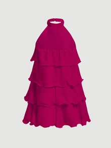 Skyraze White Multi-Layer Ruffle Halter Neck Stand Collar Mini Dress - Red Violet - View 4
