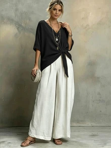 Weeklong Plus Size Casual Vacation Loose Hem V-Neck Short Shirt - Black - View 6