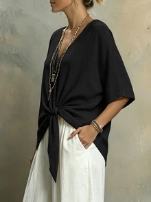Weeklong Plus Size Casual Vacation Loose Hem V-Neck Short Shirt - Black - View 4