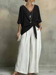 Weeklong Plus Size Casual Vacation Loose Hem V-Neck Short Shirt - Black - View 5