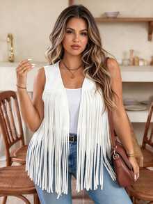 Weeklong Plus Size Women Solid Color Fringe Open Front Vest Jacket Fall - White - View 1