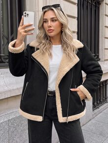SHEIN LUNE Plus Size Women's Zipper Front Thermal Lined Motorcycle Jacket Going Out Office Holiday Black Winter Casual Anti Social Smart Casual Streetwear Baggy - Black - View 17