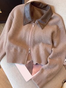 Muvela Women's Vintage Khaki Patchwork Collar Short Casual Dual Zipper Front Knit Cardigan, Autumn/Winter Brown - Khaki - View 9