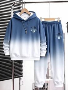 青少年男孩休閒極簡長袖連帽舒適衛衣2件套，適合秋冬兒童穿著 - 彩色 - 查看 2