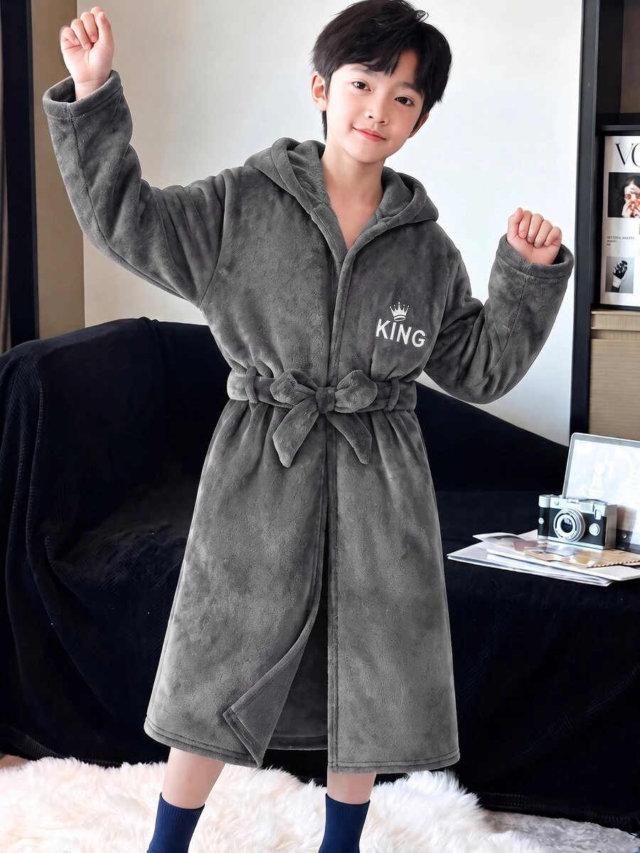 兒童青少年男孩休閒秋冬款毛絨字母圖案灰色連帽居家服睡袍睡衣,柔軟親膚法蘭絨家居服 - 灰色 - 查看 1