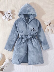 SHEIN Little Byeori 兒童青少年男孩休閒秋冬款毛絨字母圖案藍色連帽居家服睡袍睡衣，柔軟親膚法蘭絨 - 藍色 - 查看 3