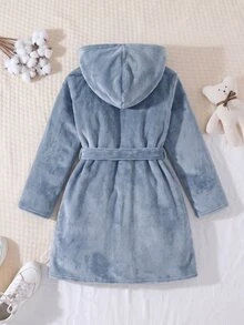 SHEIN Little Byeori 兒童青少年男孩休閒秋冬款毛絨字母圖案藍色連帽居家服睡袍睡衣，柔軟親膚法蘭絨 - 藍色 - 查看 2