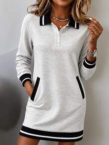 Breezaya Autumn Clothes For Women Grey Long Sleeve Polo Collar Dress Contrast Trim Button Front Pockets Everyday School Casual Preppy - Grey - View 5