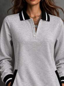 Breezaya Autumn Clothes For Women Grey Long Sleeve Polo Collar Dress Contrast Trim Button Front Pockets Everyday School Casual Preppy - Grey - View 4