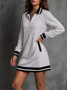 Breezaya Autumn Clothes For Women Grey Long Sleeve Polo Collar Dress Contrast Trim Button Front Pockets Everyday School Casual Preppy - Grey - View 3
