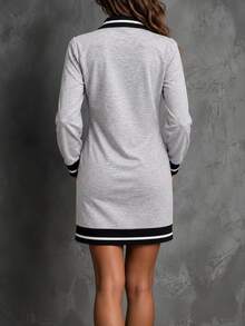 Breezaya Autumn Clothes For Women Grey Long Sleeve Polo Collar Dress Contrast Trim Button Front Pockets Everyday School Casual Preppy - Grey - View 2