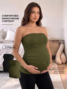 Modmama 2pcs Maternity Summer Casual Commuting Minimalist Solid Color Pleated Fitted Comfortable Lightweight Camisole Tops Pregnancy - Army Green - View 1
