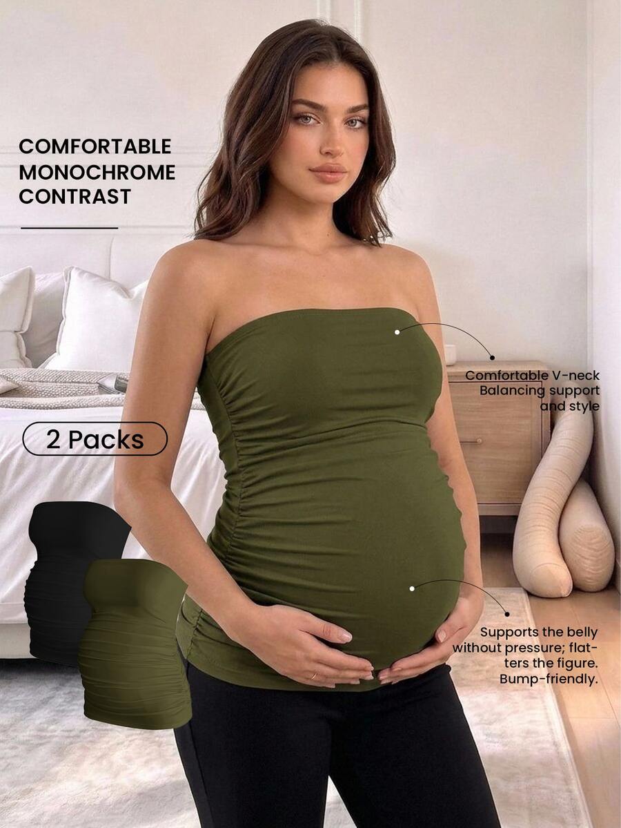 Modmama 2pcs Maternity Summer Casual Commuting Minimalist Solid Color Pleated Fitted Comfortable Lightweight Camisole Tops Pregnancy - Army Green - View 1