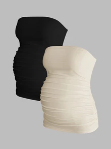 Modmama 2pcs Maternity Summer Casual Commuting Pregnancy Minimalist Solid Color Pleated Fitted Comfortable Lightweight Camisole Tops - Khaki - View 3