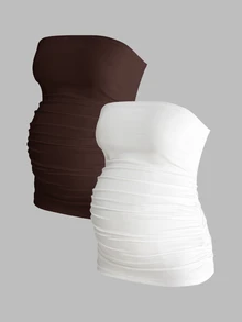 Modmama Maternity Summer Casual Smart Baggy Versatile Solid Color Bandeau Top White Photoshoot Home Wear Formal Brown - Coffee Brown - View 3