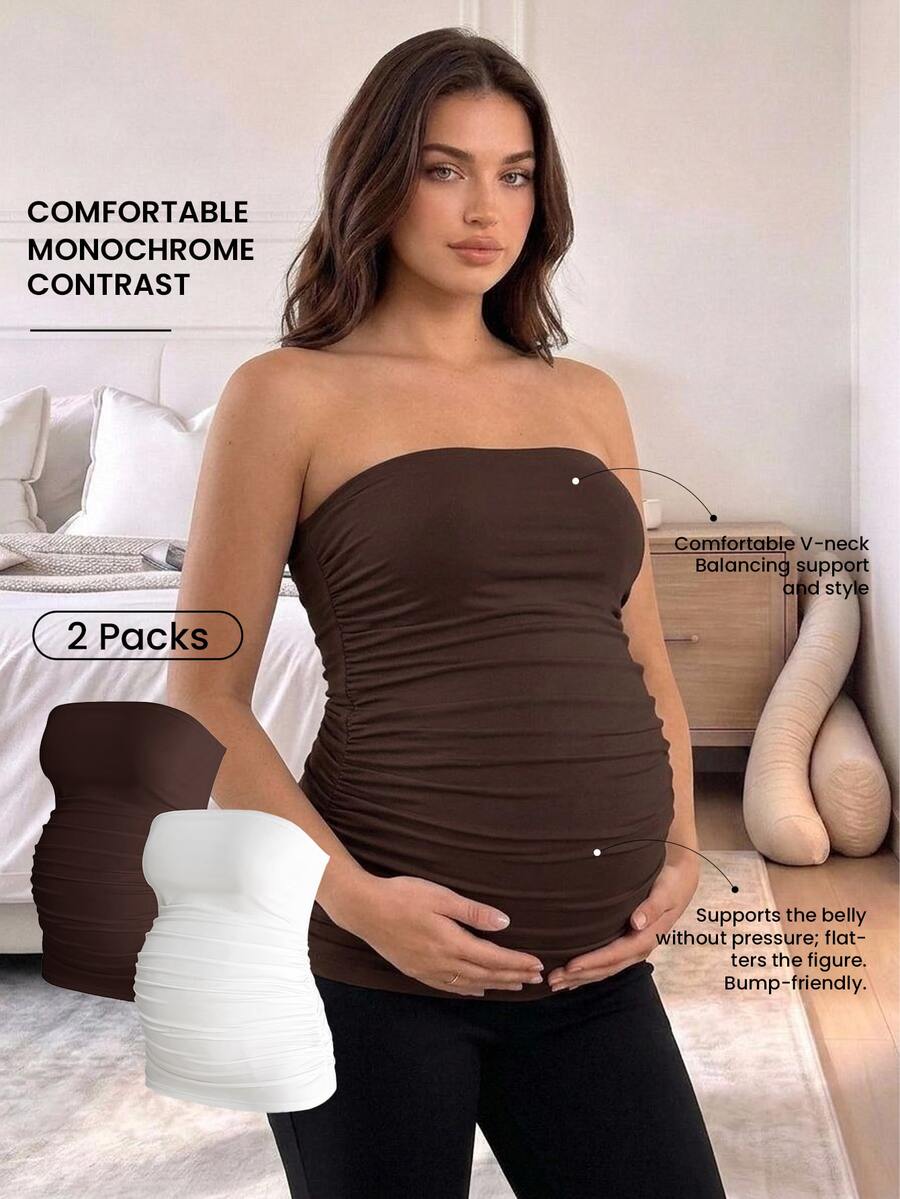 Modmama Maternity Summer Casual Smart Baggy Versatile Solid Color Bandeau Top White Photoshoot Home Wear Formal Brown - Coffee Brown - View 1