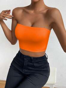 SHEIN Unity Women's Bright Orange Solid Strapless Tube Crop Top,Stretchy Fitted Bandeau Cropped Camisole,Y2K Style For Beach Vacation,Dating,Gathering - Orange - View 4