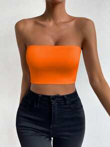 SHEIN Unity Women's Bright Orange Solid Strapless Tube Crop Top,Stretchy Fitted Bandeau Cropped Camisole,Y2K Style For Beach Vacation,Dating,Gathering - Orange - View 7